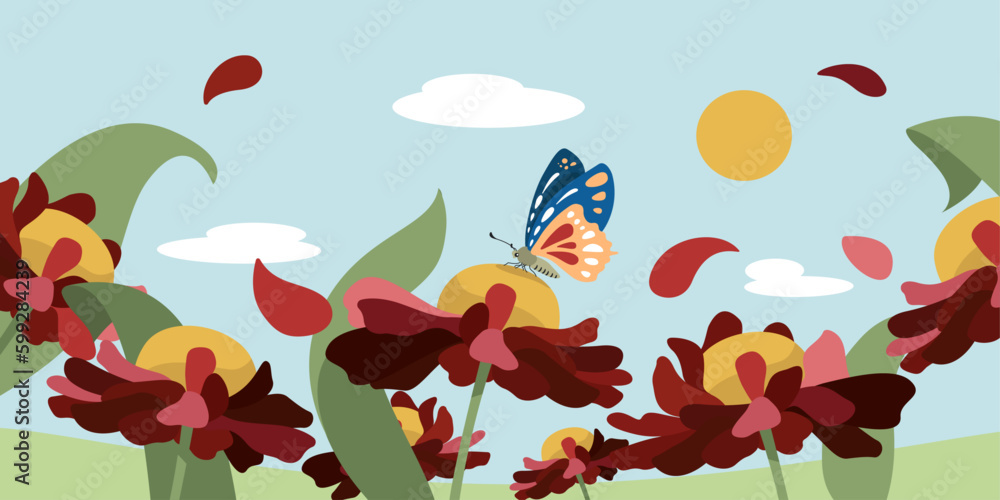 Beautiful floral summer or spring landscape, meadow with flowers, blue sky, sun and butterfly in vector Beautiful floral summer or spring landscape, meadow with flowers, blue sky, sun and butterfly in vector