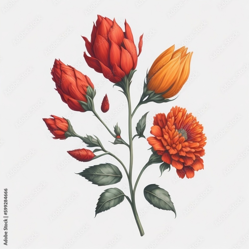 Fantastic isolated red and orange flower buds on white background Generative AI
