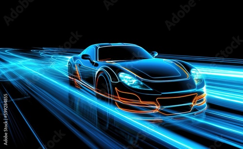 futuristic sports car driving with blue colors and blue lights.