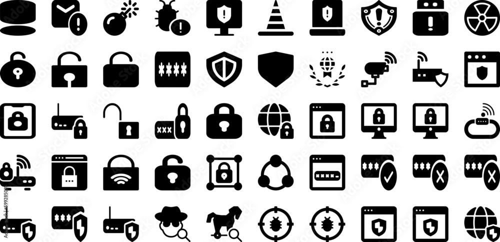 Security Icon Set Isolated Silhouette Solid Icons With Shield, Lock, Safety, Protection, Security, Secure, Icon Infographic Simple Vector Illustration Security Icon Set Isolated Silhouette Solid Icons With Shield, Lock, Safety, Protection, Security, Secure, Icon Infographic Simple Vector Illustration