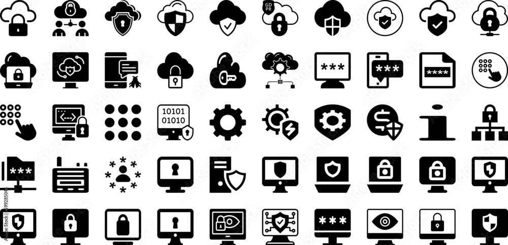 Fototapeta premium Security Icon Set Isolated Silhouette Solid Icons With Shield, Lock, Security, Protection, Safety, Secure, Icon Infographic Simple Vector Illustration