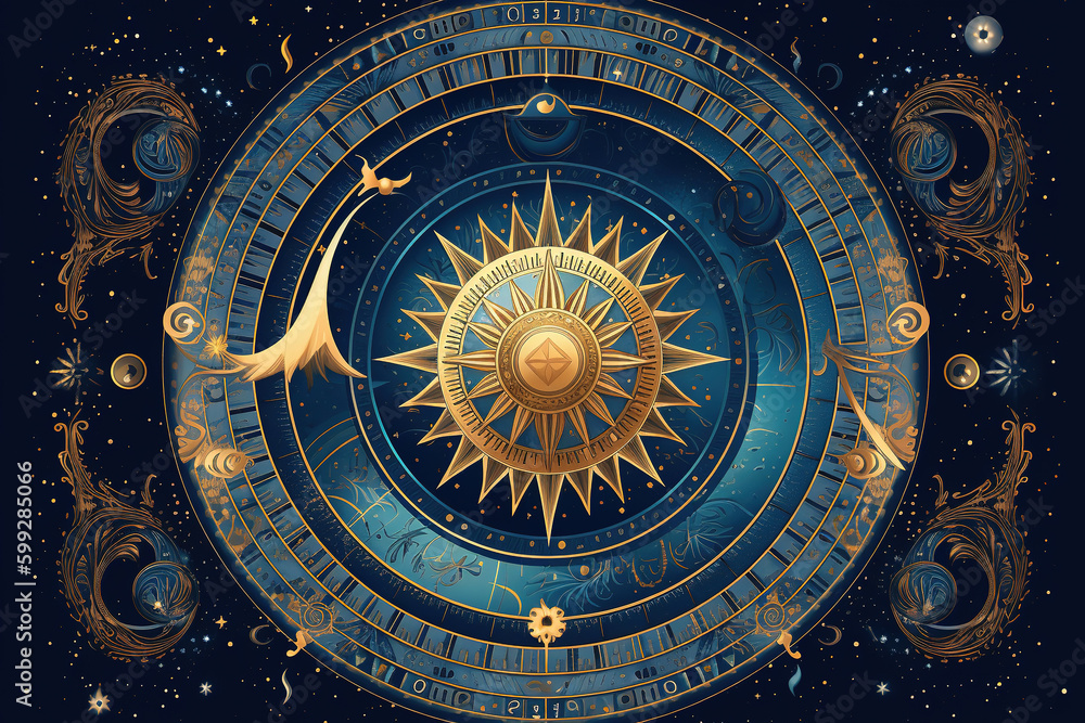 magic banner for astrology, magic divination, cosmic device, crescent moon and sun with moon on blue background, mystical vector illustration, pattern