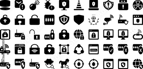 Security Icon Set Isolated Silhouette Solid Icons With Shield, Lock, Safety, Protection, Security, Secure, Icon Infographic Simple Vector Illustration