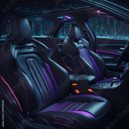 Car interior illustration  at night, with led lights for the best possible visual atmosphere. Ai generated. © pozitivo