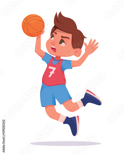 Young school boy wearing basketball uniform in basketball court while doing his dribbling style. Playing with ball. Vector isolated.