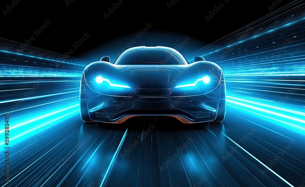 futuristic sports car driving with blue colors and blue lights.