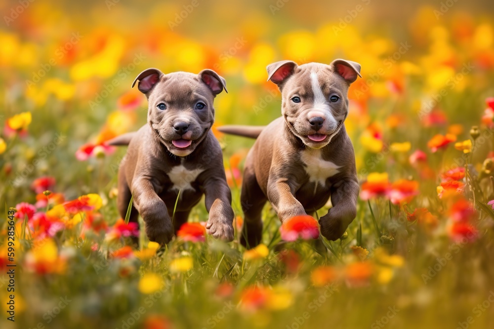 Cute Pit bull cubs running in a field of colourful flowers with sunrise background, Generative AI