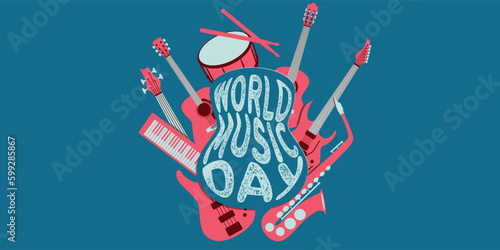 world music day design banner - guitars and instruments illustration