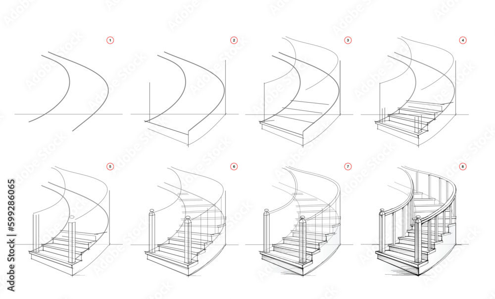 Page shows how to learn to draw sketch of stairs in perspective. Pencil drawing lessons. Educational page for artists. Textbook for developing artistic skills. Online education. Vector illustration. - obrazy, fototapety, plakaty 