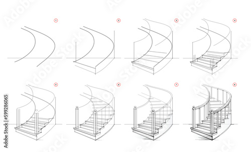 Page shows how to learn to draw sketch of stairs in perspective. Pencil drawing lessons. Educational page for artists. Textbook for developing artistic skills. Online education. Vector illustration.