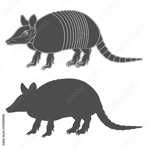 Set of black and white illustration with an armadillo. Isolated vector objects on white background.