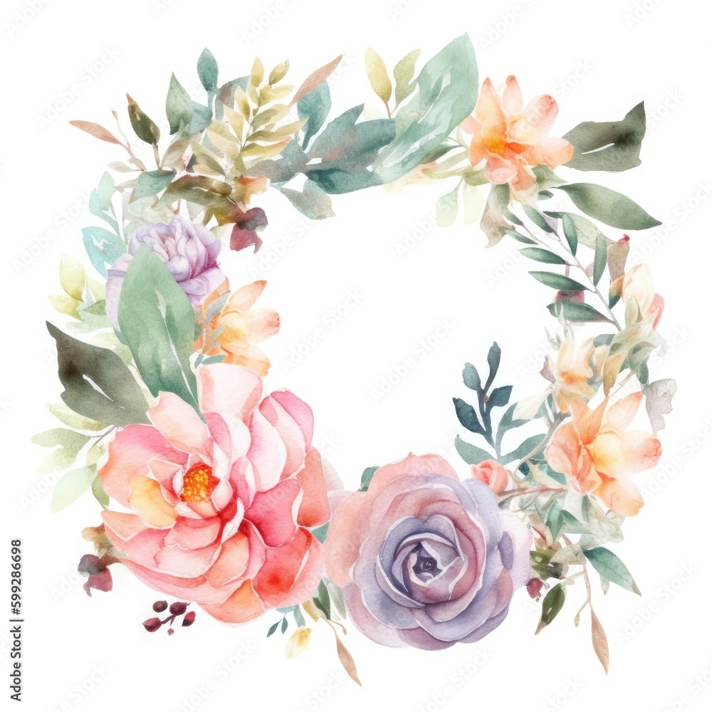Watercolor wreath of roses illustration, wedding flowers ring on a white background, Generative ai