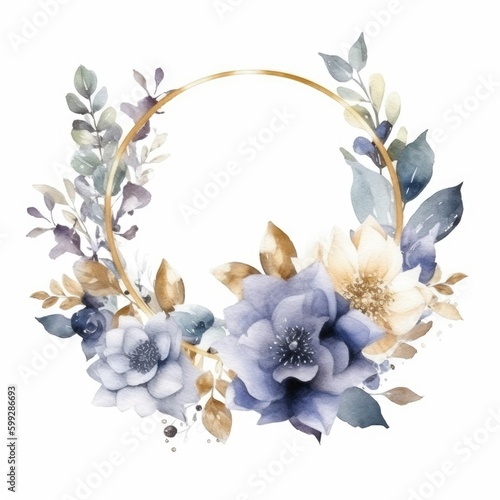 Gold ring frame with wedding flowers and leaves. Watercolor illustration. Generative ai