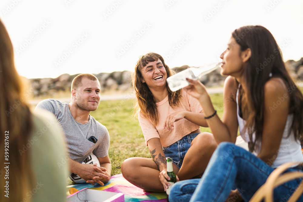 Friends talking and drinking beer during picnic Friends talking and drinking beer during picnic