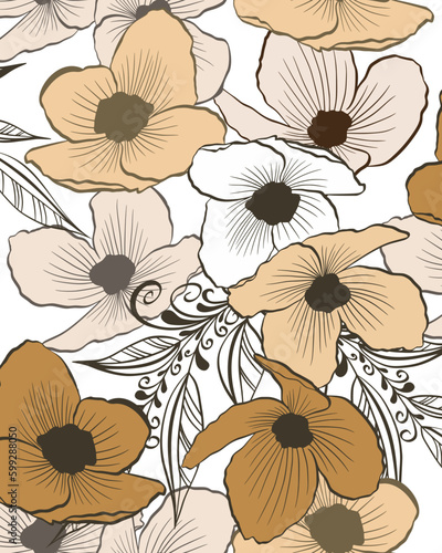 Delicate vintage blooming flowers in beige shades seamless pattern