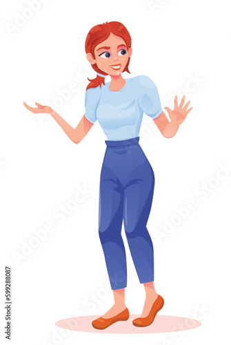 Girl teacher explains something. Red-haired woman in trousers. official style