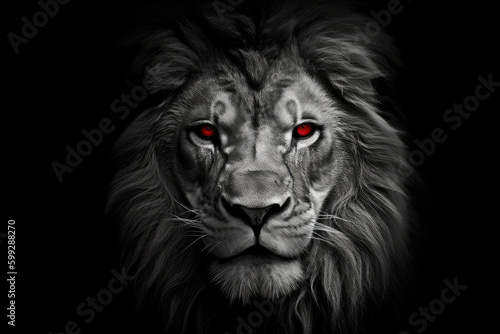 black and white lion with red eyes- made with generative ai