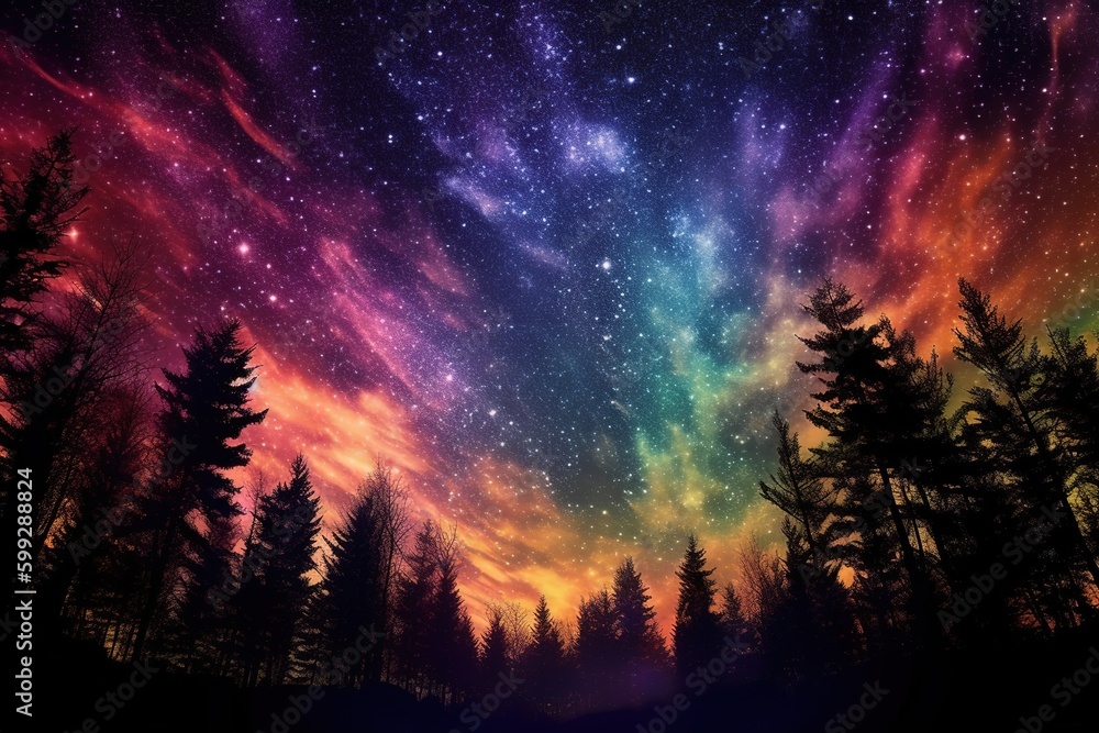 Night Landscape Painting of dark and colorful sky background. Aurora borealis in the night sky over the black trees in the foreground. Watercolour painting Northern lights space landscape, Generative 