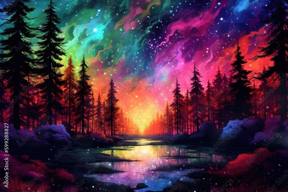 Obraz premium Night Landscape Painting of dark and colorful sky background. Aurora borealis in the night sky over the black trees in the foreground. Watercolour painting Northern lights space landscape, Generative