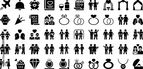 Wedding Icon Set Isolated Silhouette Solid Icons With Love, Heart, Icon, Church, Cake, Bride, Wedding Infographic Simple Vector Illustration