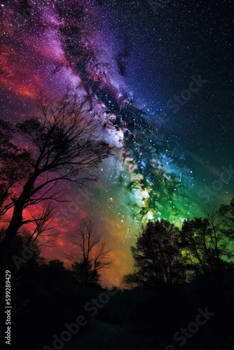 Night Landscape Painting of a colorful Northern Lights space landscape background. The Aurora borealis in the night sky over the black trees in the foreground  Generative AI