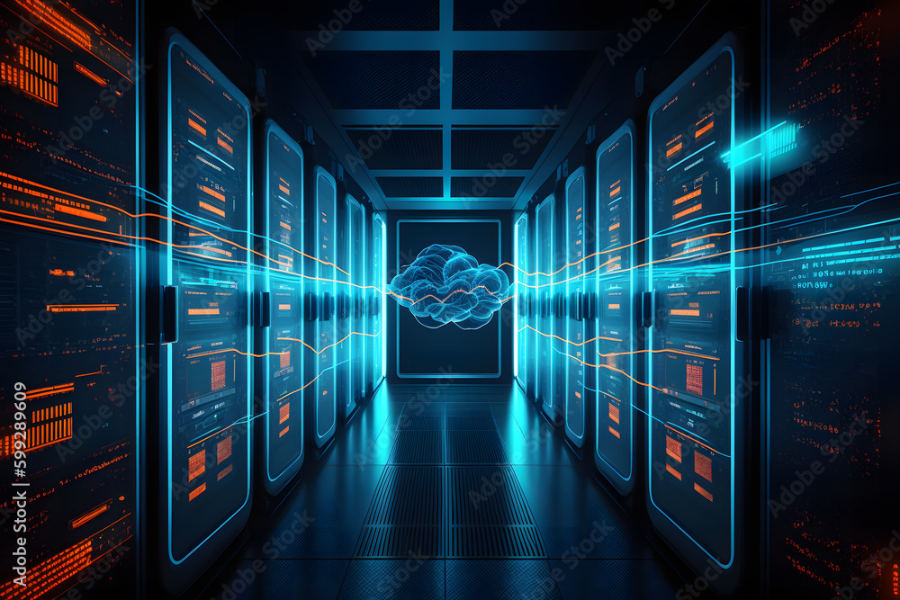 © ADDICTIVE STOCK - Generative AI image of dark spacious interconnected servers room with display of neon data and information while connected with cloud computing for virtualization approach © ADDICTIVE STOCK - Generative AI image of dark spacious interconnected servers room with display of neon data and information while connected with cloud computing for virtualization approach