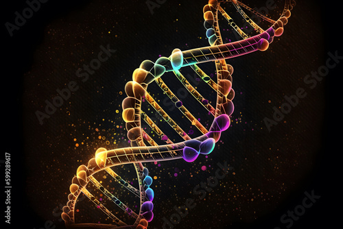Generative AI image of creative digital illustration of colorful DNA with transparent liquid drops on spiral chromosome against black background