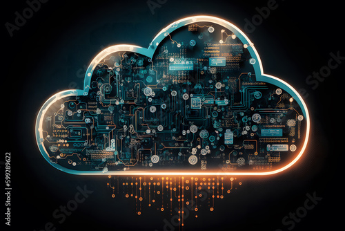 Generative AI image of cloud computing and digital data transfer with computing networked across cities country and globe with virtualization approach photo