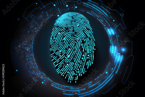 Generative AI image of digital finger print scan in blue glowing lights for forensic data and personal identification on black background while useful in biometrics