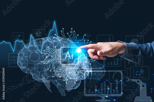 Hands of robots and humans touching on big data network connection background, Science and artificial intelligence technology,AI, Machine learning, innovation and futuristic.3d rendering