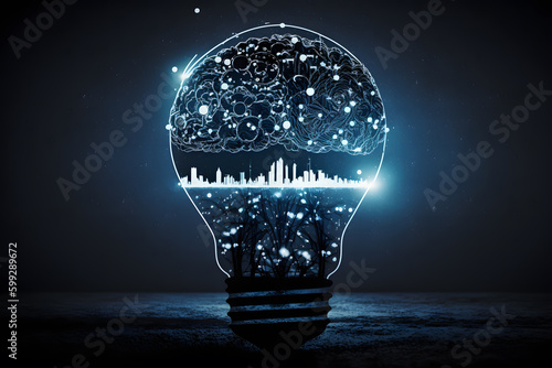 Generative AI image of creative idea of light bulb displaying glowing modern metropolis with skyscrapers under sky with connected dots near seashore on blue background photo