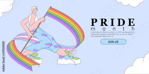 Cheerful smiling character holding rainbow lgbtq and transgender flag celebrate pride month or day vector flat illustration. LGBTQ support or event social media banner or post template, greeting card.