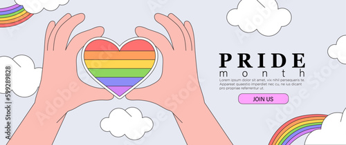 Lgbt rights or social issues event celebration creative banner, poster, placard, social media advertisement, invitation, greeting or web landing page in trendy outline style with rainbow and heart.