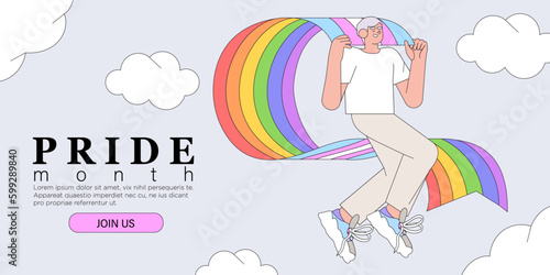 Cheerful smiling character holding rainbow lgbtq and transgender flag celebrate pride month or day vector flat illustration. LGBTQ support or event social media banner or post template, greeting card.