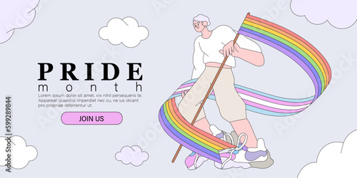 Cheerful smiling character holding rainbow lgbtq and transgender flag celebrate pride month or day vector flat illustration. LGBTQ support or event social media banner or post template, greeting card.