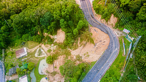 High angle view of natural disasters, landslides, roads before entering Patong in Phuket, Thailand.