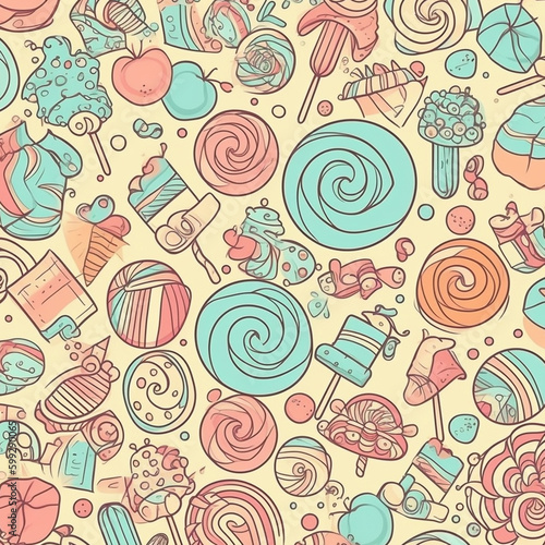 Illustration of candy patterns that are randomly arranged and mixed with different types. Candy in various colors and shapes. The illustrations use soft and pastel colors.