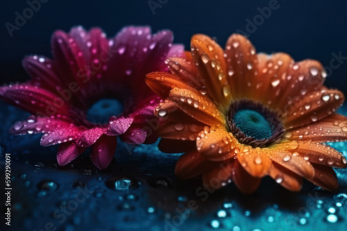 Generative AI image of different colored gerbera flowers placed on hard blue surface with water drops and with glowing neon lights against black background photo
