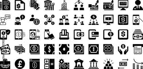 Bank Icon Set Isolated Silhouette Solid Icons With Vector, Money, Banking, Business, Bank, Icon, Finance Infographic Simple Vector Illustration