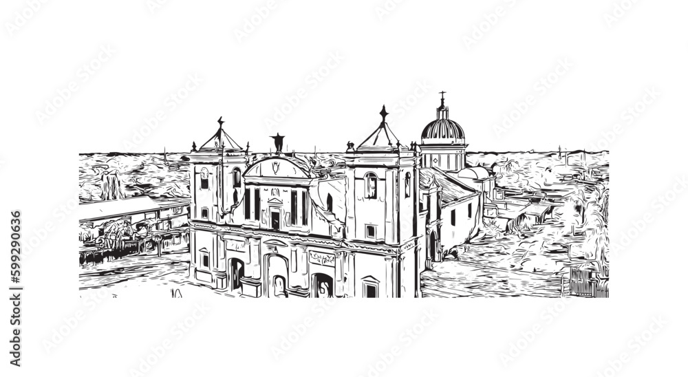 Building view with landmark of  Rivas is the city in Nicaragua. Hand drawn sketch illustration in vector.