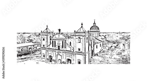 Building view with landmark of Rivas is the city in Nicaragua. Hand drawn sketch illustration in vector.