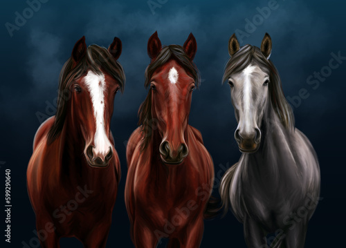 This is a digital drawing of three horses in a realistic style. The horses are depicted standing together  with their muscular bodies and flowing manes. 