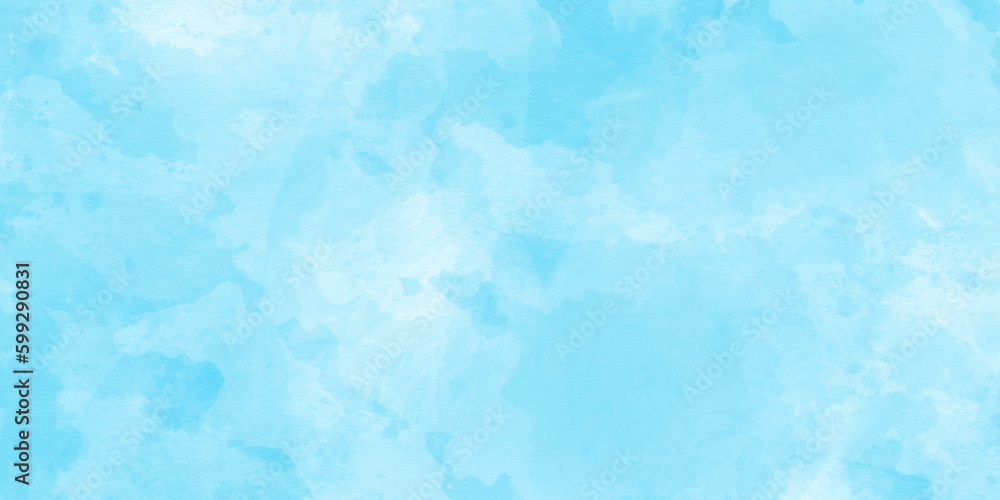 Abstract blurry and stained soft sky blue Classic hand-painted aquarelle watercolor background with watercolor splashes used as presentation, greeting, card, poster, template and invitation.