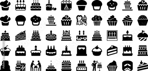 Cake Icon Set Isolated Silhouette Solid Icons With Food, Icon, Illustration, Symbol, Birthday, Cake, Vector Infographic Simple Vector Illustration