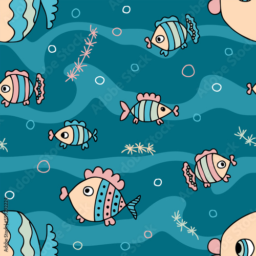 Marine seamless pattern with doodle fishes and waves. Perfect print for tee, textile, fabric and paper. Hand drawn vector illustration for decor and design.