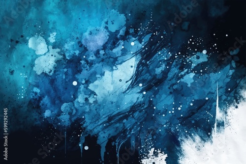 Abstract blue watercolor background with splashes and blots on it
