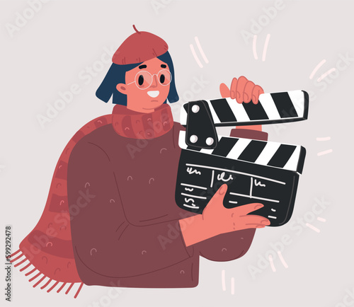 Cartoon Illustration of woman hold retro old classic movie board clapper. Film scene taker.