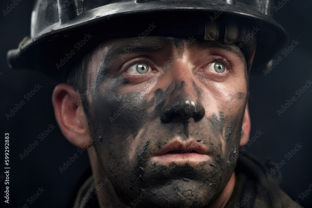 Generative AI head shot illustration of concentrated oilman in hard hat with face covered in black oil isolated on black background and looking away pensively Generative AI head shot illustration of concentrated oilman in hard hat with face covered in black oil isolated on black background and looking away pensively
