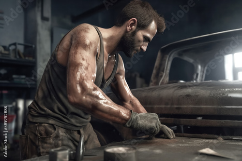 Generative AI side view illustration of young strong muscular bearded man mechanic in dirty clothes and gloves repairing broken vehicle in workshop photo