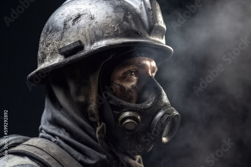 Generative AI side view illustration of unrecognizable fireman putting on gas mask and hard hat and looking away thoughtfully while standing against dark smoky background at work photo